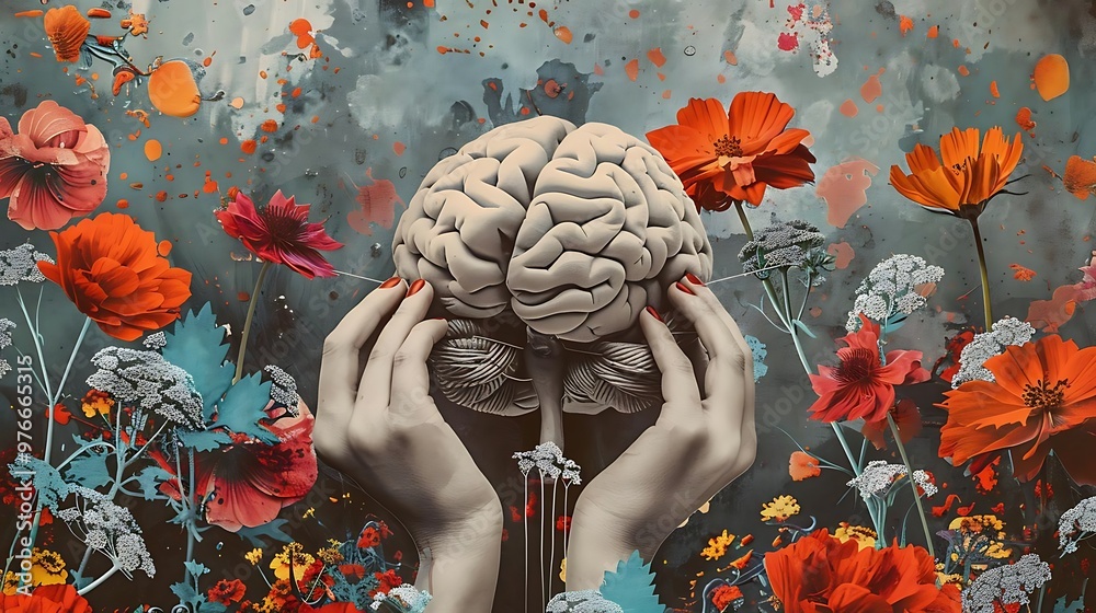 A surreal depiction of a brain held by hands amidst vibrant flowers. A surreal depiction of a brain held by hands amidst vibrant flowers.