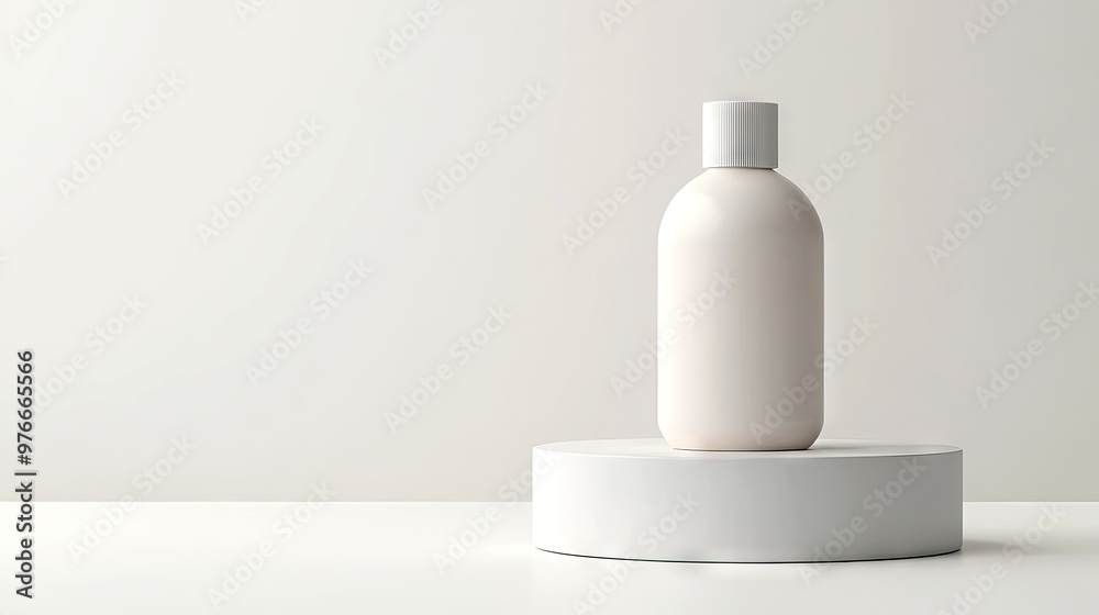A minimalist scene featuring a white bottle on a circular pedestal against a soft neutral background, ideal for product showcasing.
