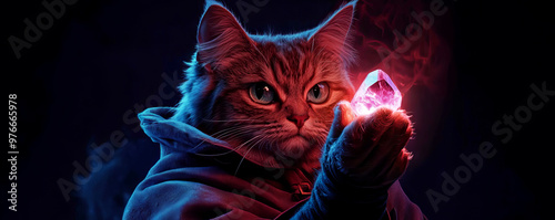 A mystical cat wizard holds a glowing crystal, showcasing magical energy in a dark, enchanting atmosphere.