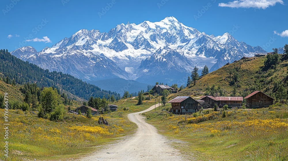 Dirt road leading to old cabins with snowcapped mount shuksan looming in background Dirt road leading to old cabins with snowcapped mount shuksan looming in background