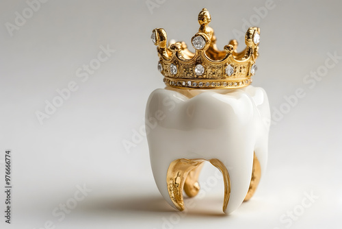 White molar tooth wearing a golden crown with an isolated background photo