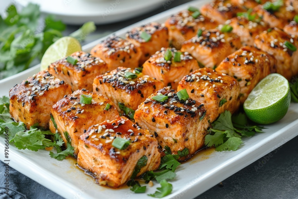 Delicious roasted salmon bites being served on white rectangular plate Delicious roasted salmon bites being served on white rectangular plate