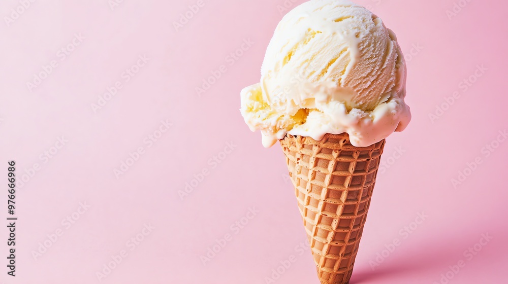 A scoop of vanilla ice cream in a waffle cone, on a pink background. A scoop of vanilla ice cream in a waffle cone, on a pink background.