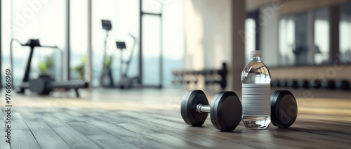 Water Bottle and Dumbbells in a Gym photo