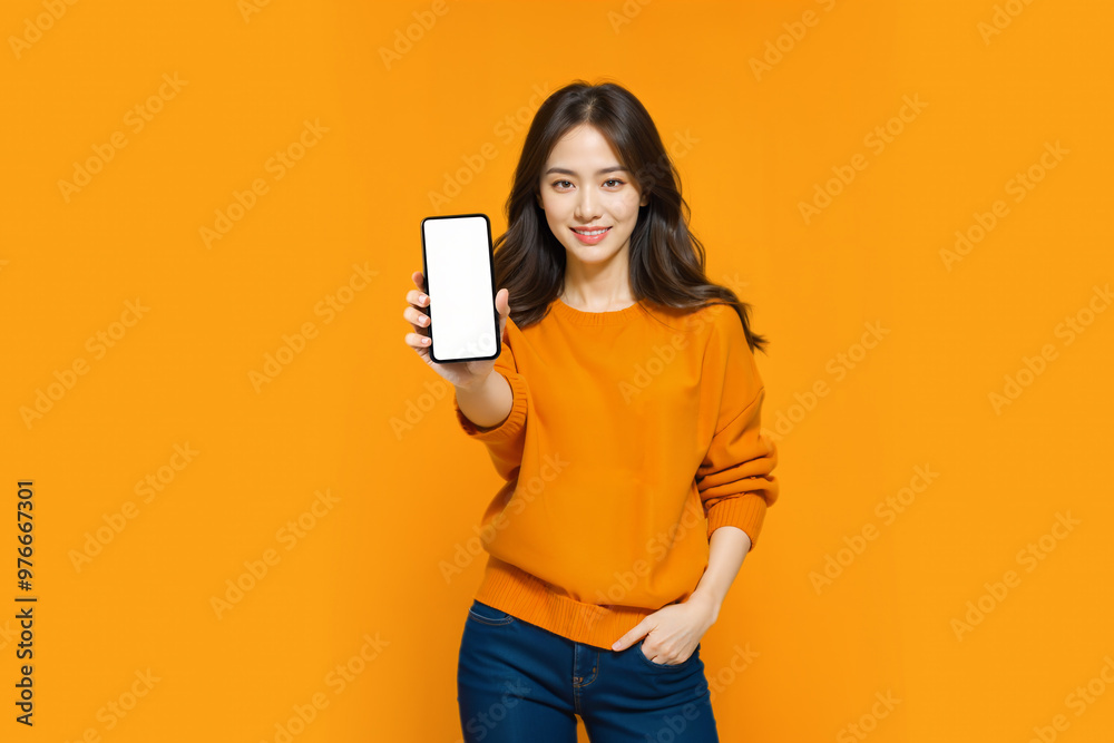 A woman holding a smartphone with a blank screen, suitable for showcasing app design or mobile technology A woman holding a smartphone with a blank screen, suitable for showcasing app design or mobile technology
