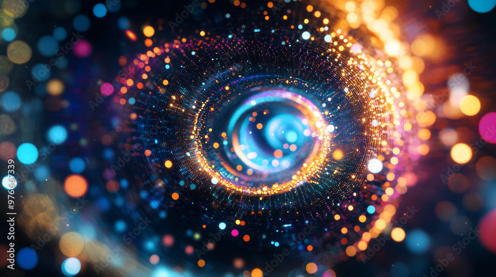 Big data visualization with a vortex of circular particles and dots, resembling an abstract galaxy. Futuristic infographic design for science or finance, showcasing complex visual data. Big data visualization with a vortex of circular particles and dots, resembling an abstract galaxy. Futuristic infographic design for science or finance, showcasing complex visual data.