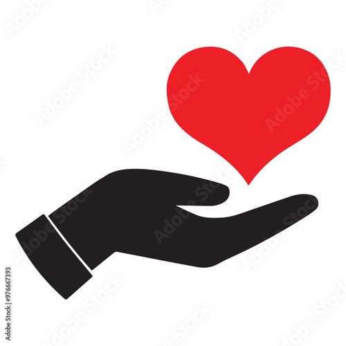 Helping hand with love shape vector icon, black and red logo silhouette design