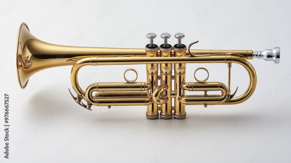 Obraz premium A shiny brass trumpet with three valves, used for musical performance.