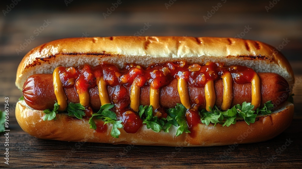 Delicious hot dog topped with ketchup, mustard, and relish on a rustic wooden table Delicious hot dog topped with ketchup, mustard, and relish on a rustic wooden table