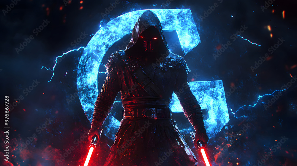 Glowing Red Letter G with a Hooded Warrior Holding a Red Lightsaber in a Dark, Mysterious Scene design