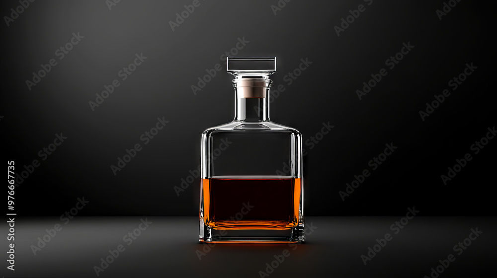 A stylish glass bottle filled with amber liquid, ideal for showcasing elegance and sophistication in beverage photography. A stylish glass bottle filled with amber liquid, ideal for showcasing elegance and sophistication in beverage photography.