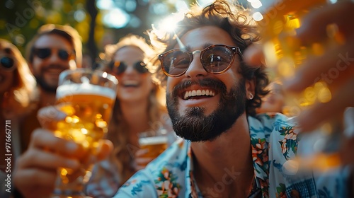 Group of friends enjoying drinks and laughter outdoors.