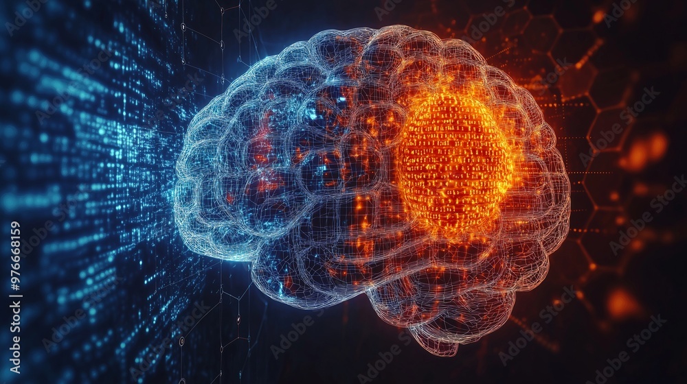 Futuristic digital brain with binary code and illuminated neural connections, symbolizing artificial intelligence, machine learning, and advanced neural networks Futuristic digital brain with binary code and illuminated neural connections, symbolizing artificial intelligence, machine learning, and advanced neural networks