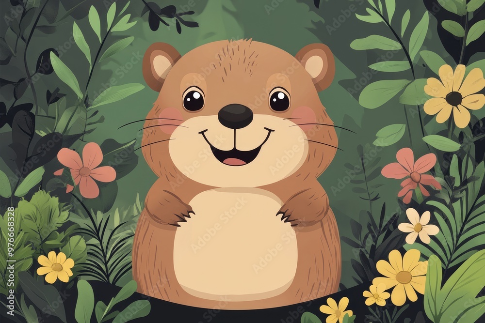 Happy groundhog surrounded by flowers smiling in the forest Happy groundhog surrounded by flowers smiling in the forest