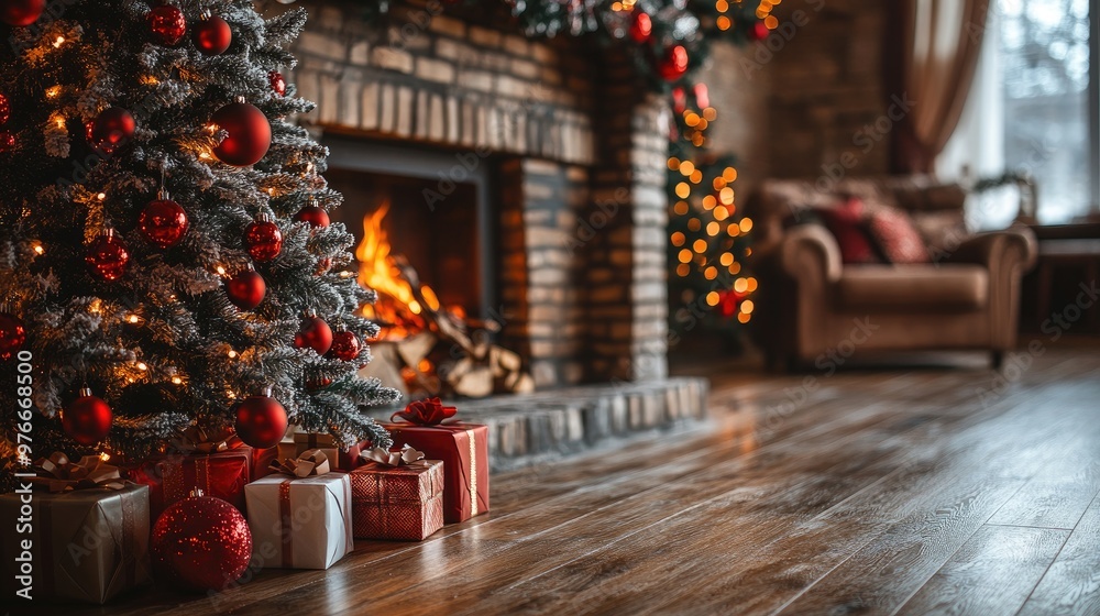 Christmas tree with red baubles standing in front of burning fireplace in cozy living room Christmas tree with red baubles standing in front of burning fireplace in cozy living room