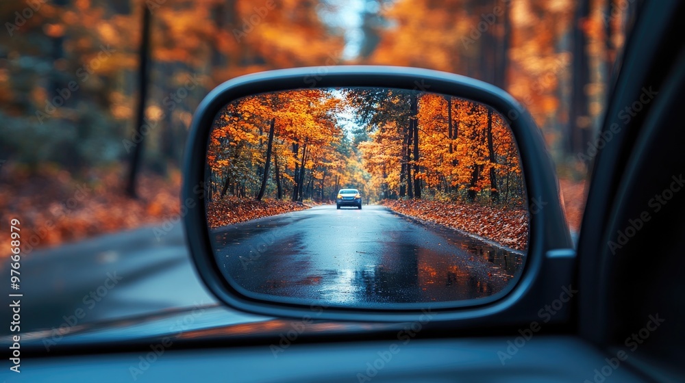 Car driving away on country road reflecting in rearview mirror during fall Car driving away on country road reflecting in rearview mirror during fall
