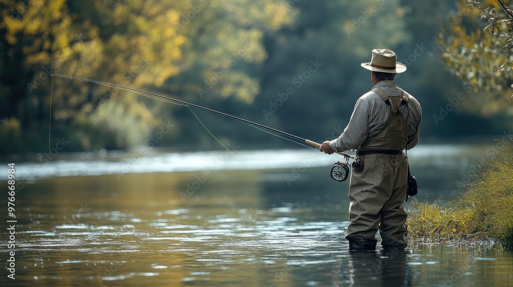 Fly fisherman casting in river surrounded by autumn colors Fly fisherman casting in river surrounded by autumn colors