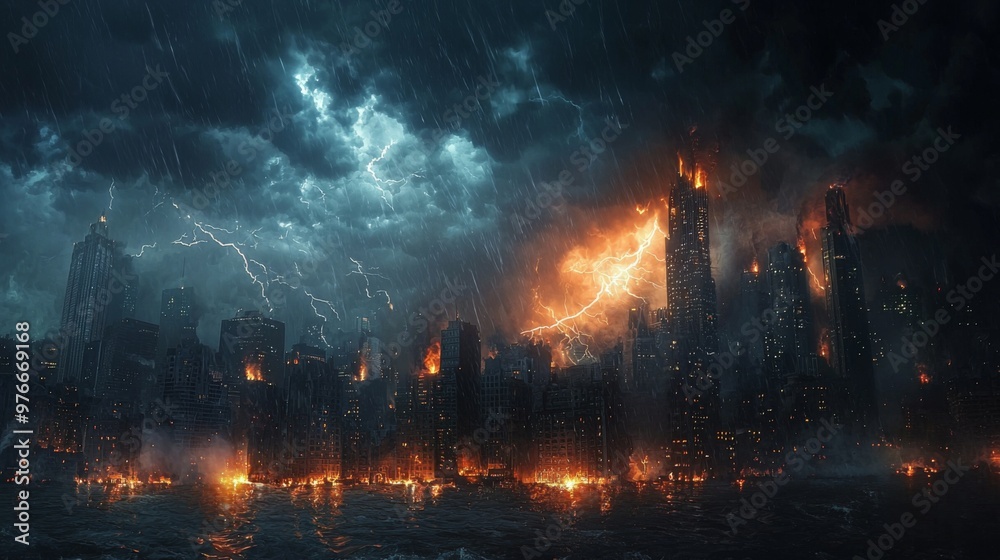 Skyline illuminated by a flash of lightning, the storm creating a dramatic and hazardous atmosphere Skyline illuminated by a flash of lightning, the storm creating a dramatic and hazardous atmosphere