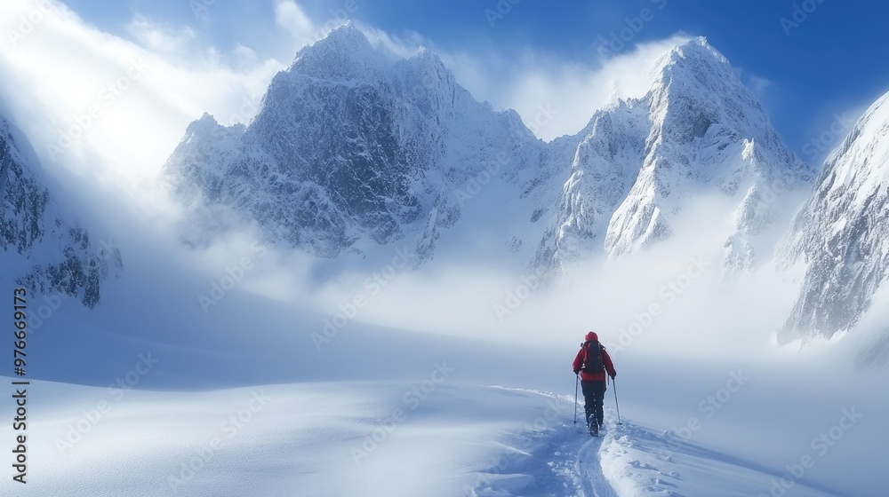 Mountaineer walking towards snowy mountain peaks through fog Mountaineer walking towards snowy mountain peaks through fog