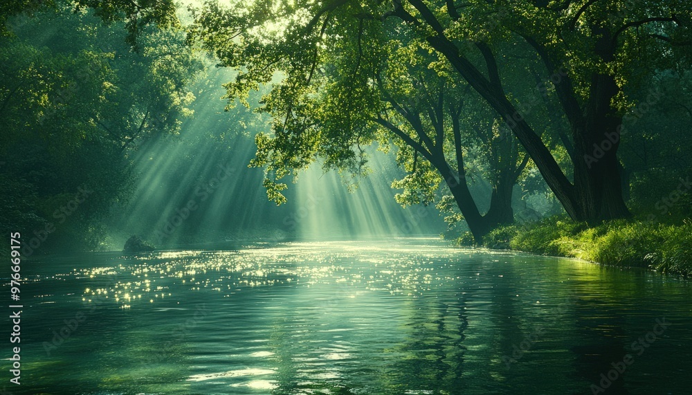 Sunbeams illuminate a tranquil river flowing through a lush green forest. Sunbeams illuminate a tranquil river flowing through a lush green forest.