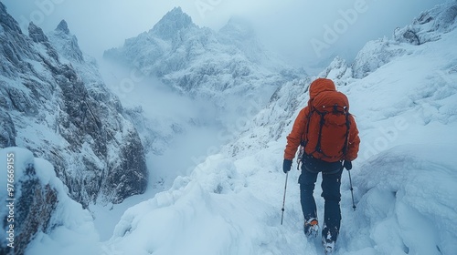 Mountaineer walking up snowy mountain ridge in the alps