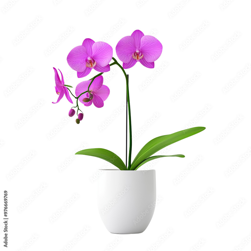 Beautiful pink orchid flower in a white pot with green leaves Beautiful pink orchid flower in a white pot with green leaves