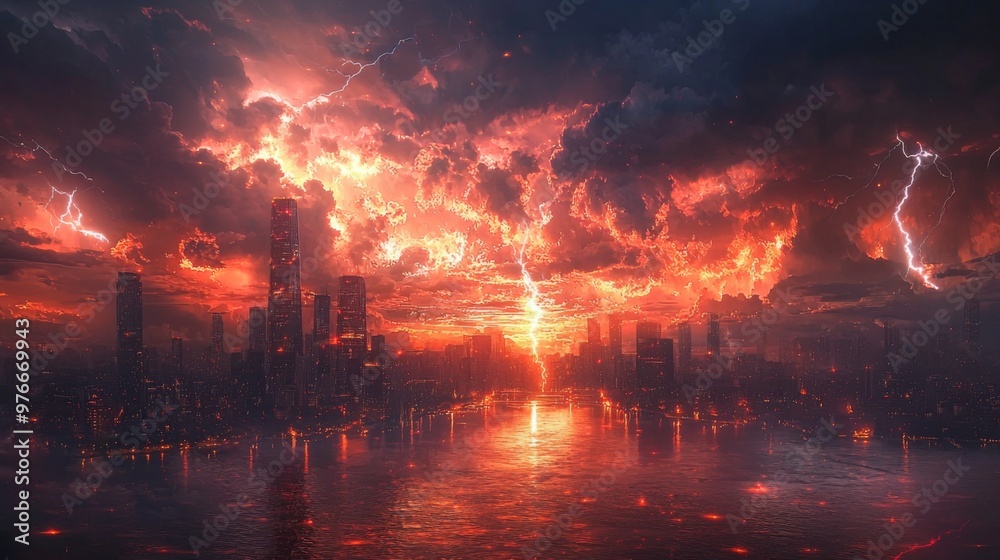Fototapeta premium Skyline under a striking climate storm, lightning illuminating the scene with energy