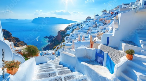 Whitewashed houses of oia village overlooking aegean sea, santorini island, greece