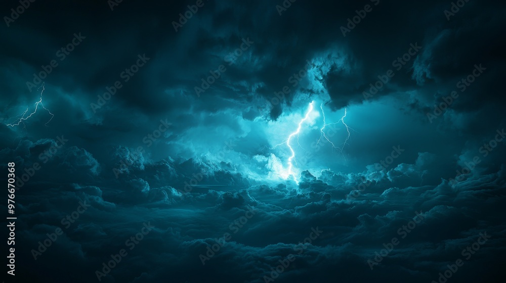 Skyline under the influence of a natural storm phenomenon, lightning illuminating the scene with power Skyline under the influence of a natural storm phenomenon, lightning illuminating the scene with power
