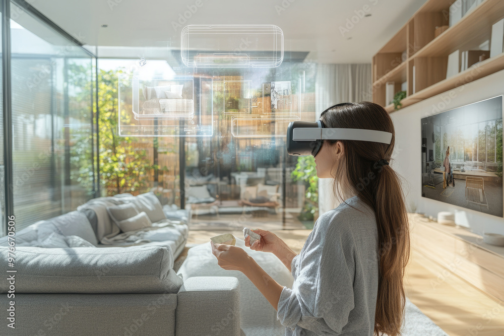 Young women watching VR movies and TV shows indoors Young women watching VR movies and TV shows indoors