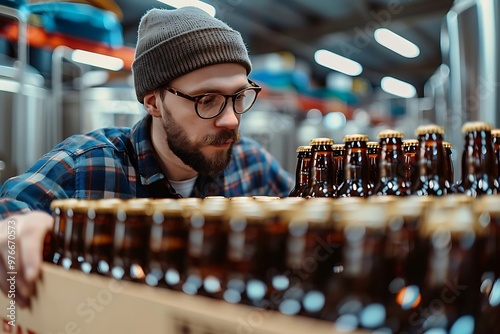 A man inspects beer bottles in a brewery setting.