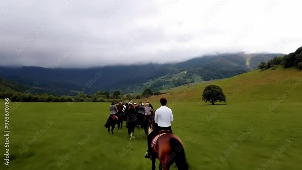 Galloping Horse with Rider Across Open Grassy Field Galloping Horse with Rider Across Open Grassy Field