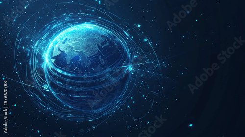 Futuristic blue hologram of a planet with rings and a hi-tech particle globe design. Sci-fi hologram element in vector illustration.