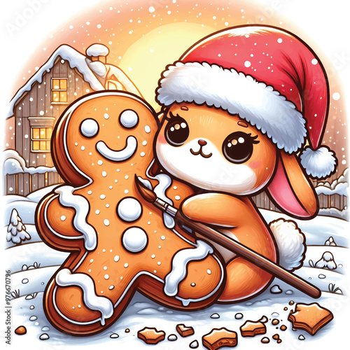 Bunny Hugging a Gingerbread Man Christmas Vector Illustration