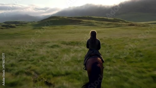 Galloping Horse with Rider Across Open Grassy Field