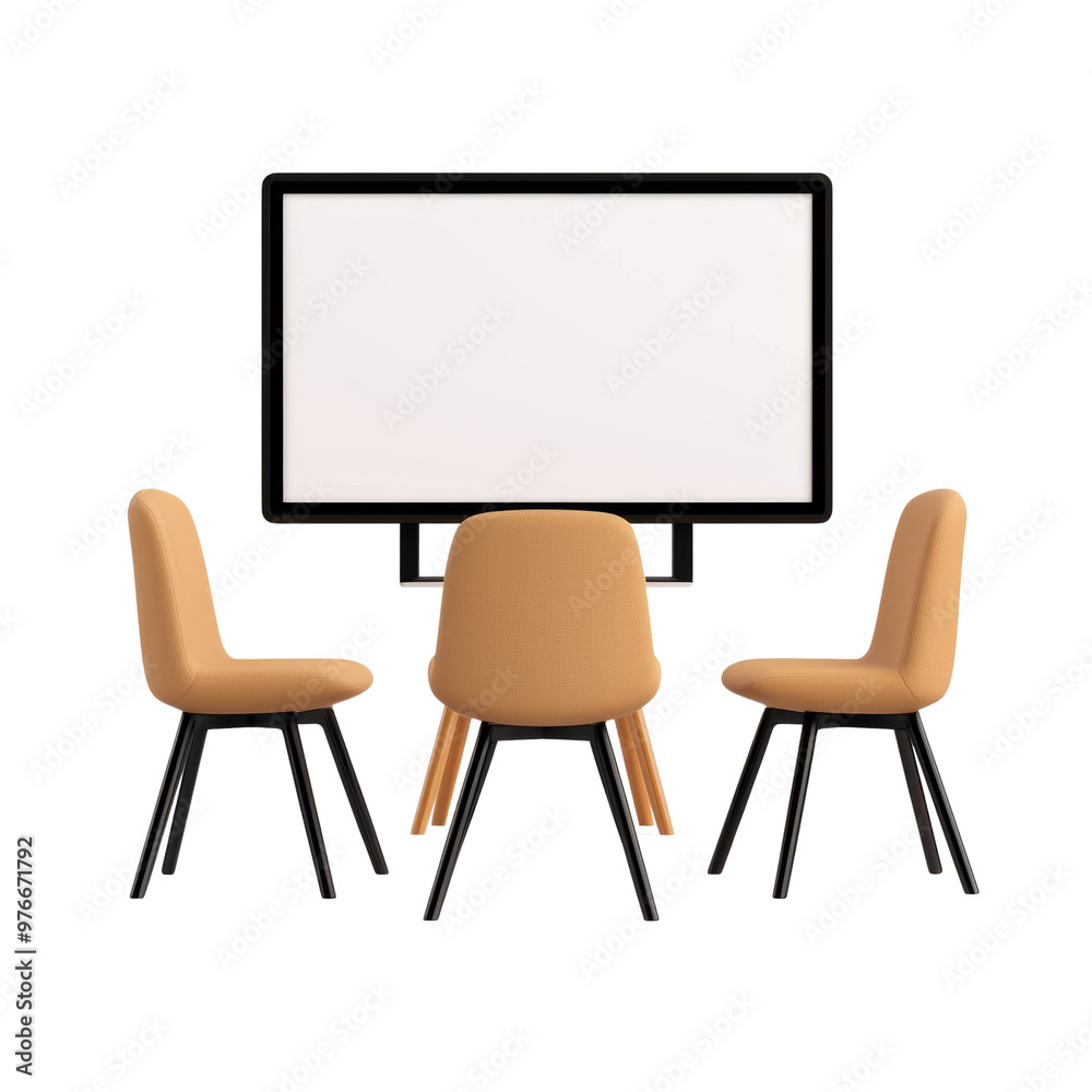 Fototapeta premium Modern meeting room setup with table, chairs, and blank screen