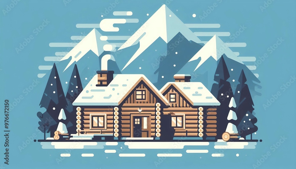 Landscape illustration of a cabin in snowy winter Landscape illustration of a cabin in snowy winter