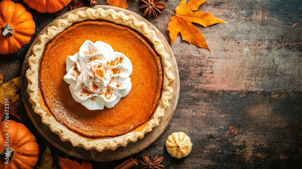 A pumpkin pie with whipped cream on top sits on a wooden table A pumpkin pie with whipped cream on top sits on a wooden table