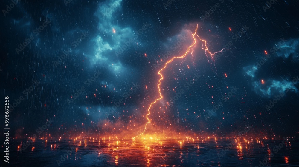 Thunderstorm at night, intense lightning bolts cutting through the dark sky, creating a dramatic and dangerous scene Thunderstorm at night, intense lightning bolts cutting through the dark sky, creating a dramatic and dangerous scene