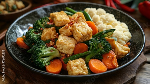 A diet-friendly meal featuring slices of carrot, cauliflower, Chinese broccoli, tempeh, and tafo in bacem, an Indonesian dish.  photo