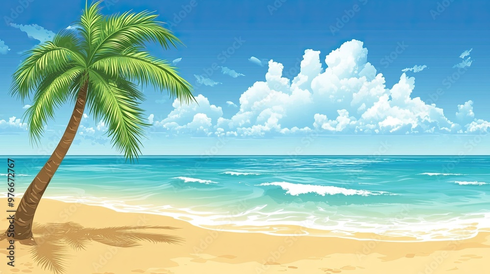 Fototapeta premium A beautiful beach with palm trees and a blue ocean
