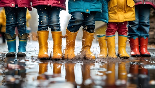 Joyful splashing of children in a puddle, capturing the playful spirit and vibrant energy of a rainy day on a wet street