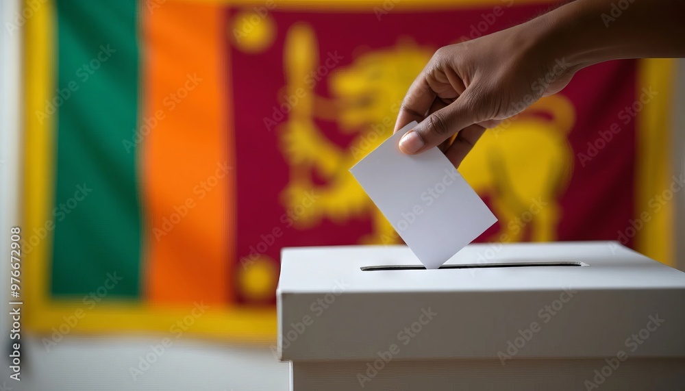 Close Up of Voting Process with Sri Lanka Flag as Backdrop Close Up of Voting Process with Sri Lanka Flag as Backdrop