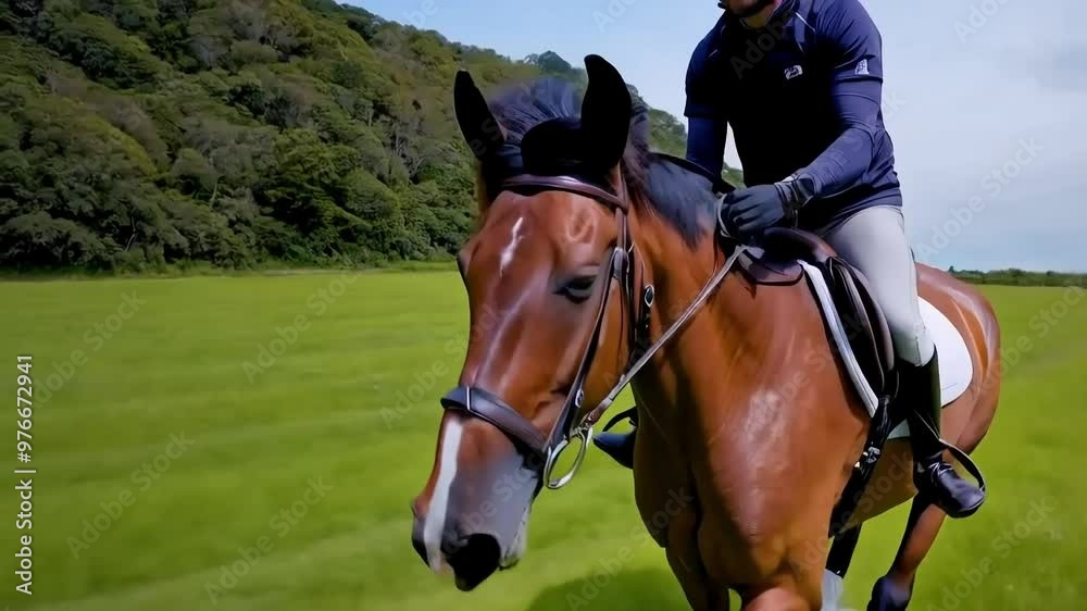 Galloping Horse with Rider Across Open Grassy Field Galloping Horse with Rider Across Open Grassy Field