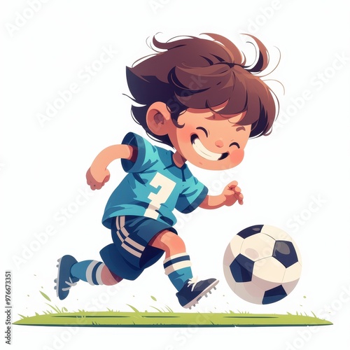 Illustration of a young boy in a blue jersey running with a soccer ball, smiling broadly with excitement on the soccer field.