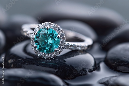 A teal diamond engagement ring with diamonds around it, sitting on a black stone, professional photography, soft lighting