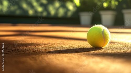 A tennis ball resting on the court, positioned near the white boundary line, with the textured surface of the court adding depth to the scene. 