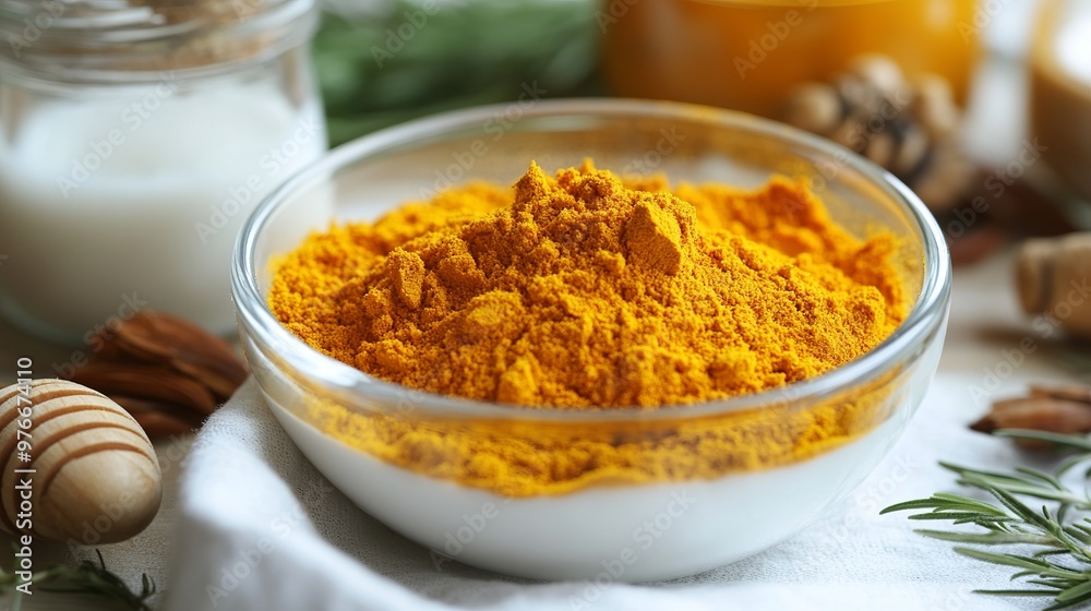 A blend of turmeric powder, honey, and milk prepared for a scrub, combining natural ingredients known for their nourishing and skin-soothing properties. 