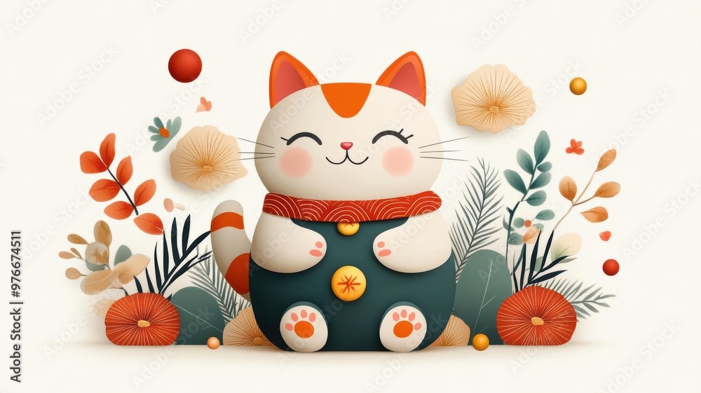 Fototapeta premium Japanese lucky cat, vibrant charm decor, ornate details, Watercolor style