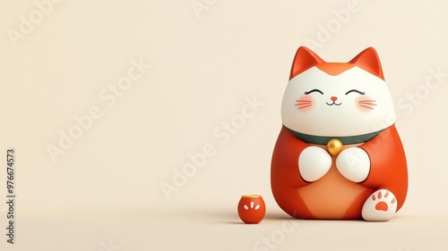 Japanese Lucky Cat, beckoning paw, vibrant figurine, Watercolor style